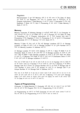 17 
Any Question or Suggestion, Click Here to Discuss 
C in Hindi 
Registers 
Microprocessor esa dqN ,slh Memory gksrh gS tks FkksMs le; ds fy, Data dks Store dj ldrh gSA bUgsa Registers dgk tkrk gSA Control Unit ds funsZ”kkuqlkj tks Hkh Program Instructions o Data Memory ls vkrs gSa os ALU esa Calculation ds fy, bUgha Registers esa Store jgrs gSaA ALU esa Processing ds ckn okil ;s Data Memory esa Store gks tkrs gSaA 
Memory 
Memory Computer dh Working Storage ;k dk;Zdkjh eseksjh gksrh gSA ;g Computer dk lcls egRoiw.kZ Hkkx gksrk gSA bls RAM dgrs gSaA blh esa Process gksus okys Data vkSj Data ij Processing djus ds Program Instructions gksrs gSa] ftUgsa Control Unit ALU esa Processing ds fy, Registers esa Hkstrk gSA Processing ds ckn tks lwpuk,a ;k Processed Data Generate gksrs gSa] os Hkh Memory esa gh vkdj Store gksrs gSaA 
Memory esa Data dks laxzg djus ds fy, dbZ Storage Locations gksrh gSaA gj Storage Location ,d Byte dh gksrh gS vkSj gj Storage Location dk ,d iw.kkZad Number gksrk gS ftls ml Memory Location dk Address dgrs gSaA 
gj Storage Location dh igpku mlds Address ls gksrh gSA 1 Byte dh RAM esa ,d gh Character Store gks ldrk gS vkSj blesa flQZ ,d gh Storage Location gks ldrh gSA blh rjg 1 KB dh RAM esa 1024 Storage Locations gks ldrh gSa vkSj blesa 1024 v{kj Store gks ldrs gSaA tks Memory ftrus Byte dh gksrh gS mlesa mrus gh Characters Store gks ldrs gSa vkSj mlesa mruh gh Storage Locations gks ldrh gSaA 
ftl rjg ls fdlh “kgj esa sj lkjs ?kj gksrs gSa vkSj gj ?kj dk ,d Number gksrk gSA fdlh Hkh ?kj dh igpku mlds ?kj ds Number ls Hkh gks ldrh gSA mlh rjg ls Memory esa Hkh fofHkUu Storage Cell gksrs gSa ftudk ,d Unique Number gksrk gSA ge fdlh Hkh Storage Cell dks mlds Number ls igpku ldrs gSa vkSj Access dj ldrs gSaA gj Storage Cell ds bl Unique Number dks ml Storage Cell dk Address dgrs gSaA 
ftl rjg ls ge fdlh ?kj esa dbZ rjg ds lkeku j[krs gSa vkSj t:jr gksus ij ml ?kj ls ml lkeku dks izkIr djds dke esa ys ysrs gSa] mlh rjg ls Memory esa Hkh vyxvyx Storage Cells esa ge viuh t:jr ds vuqlkj vyxvyx eku Store dj ldrs gSa vkSj t:jr iMus ij ml Data dks izkIr dj ds dke esa ys ldrs gSaA 
Types of Programming 
Computer ,d Digital Machine gSA Computer rHkh dksbZ dke dj ldrk gS tc mls fdlh dke dks djus ds fy, Program fd;k x;k gksA Programming nks rjg dh gksrh gS% 
,d Programming og gksrh gS tks fdlh Computer dks dke djus yk;d voLFkk esa ykus ds fy, dh tkrh gSA bl Programming dks Hkh nks Hkkxksa esa ckaVk tk ldrk gS % 
 