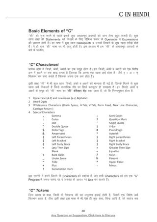 38 
Any Question or Suggestion, Click Here to Discuss 
C in Hindi 
Basic Elements of “C” 
^^lh** dks “kq: djus ls igys blds dqN vk/kkjHkwr vo;okas dks tku ysuk cgqr t:jh gSA dqN [kkl rjg dh Statements dks fy[kus ds fy, fofHkUu izdkj ds Operators o Expressions dh t:jr gksrh gSA gj Hkk’kk esa dqN [kkl Statements o mudks fy[kus ds dqN [kkl rjhds gksrs gSaA ;s gh ckr ^^lh** Hkk’kk ij Hkh ykxw gksrh gSA bl v/;k; esa ge ^^lh** ds vk/kkjHkwr vo;oksa ds ckjs esa tkusaxsA 
“C” Characterset 
izR;sd Hkk’kk esa fpUgks] vadksa] v{kjksa dk ,d lewg gksrk gSA bu fpUgks] vadksa o v{kjksa dks ,d fo”ks’k Øe esa j[kus ij ,d “kCn curk gS ftldk fd viuk ,d [kkl vFkZ gksrk gSA tSls j~ $ v $ e~ feydj jke “kCn cukrs gSa ftldk viuk ,d vFkZ gksrk gSA 
blh rjg ^^lh** esa Hkh dqN [kkl fpUgks] vadks o v{kjksa dks ekU;rk nh xbZ gS] ftuds feyus ls dqN [kkl vFkZ fudyrs gSa ftUgs okLrfod rkSj ij flQZ dEI;wVj gh lerk gSA bu fpUgks] vadksa o v{kjksa ds lewg dks ^^lh** Hkk’kk dk ^^lh** dsjsDVj lsV dgk tkrk gS] tks fd fuEukuqlkj gksrk gS% 
1 Uppercase (A-Z) and Lowercase (a-z) Alphabet 
2 0 to 9 Digits 
3 Whitespace Characters (Blank Space, H-Tab, V-Tab, Form Feed, New Line Character, Carriage Return ) 
4 Special Characters 
, 
Comma 
; 
Semi Colon 
: 
Colon 
? 
Question Mark 
. 
Dot 
' 
Single Quote 
 
Double Quote 
| 
V-Bar 
$ 
Dollar Sign 
# 
Pound Sign 
 
Ampersand 
* 
Asterisk 
( 
Left Parentheses 
) 
Right parentheses 
[ 
Left Bracket 
] 
Right Bracket 
{ 
Left Curly Brace 
} 
Right Curly Brace 
 
Less Then Sign 
 
Greater Then Sign 
Blank 
= 
Equal to 
 
Back Slash 
/ 
Slash 
_ 
Under Score 
% 
Percent 
~ 
Tilde 
^ 
Upper Carat 
+ 
Plus 
- 
Minus 
! 
Exclamation mark 
bl lkj.kh esa geus ftrus Hkh Characters dks n”kkZ;k gSa] mu lHkh Characters dks ge ,d “C” Program esa le;le; ij o t:jr ds vk/kkj ij Use dj ldrs gSaA 
“C” Tokens 
ftl izdkj ls “kCn] fdlh Hkh iSjkxzkQ dh og y?kqRre bdkbZ gksrh gS] ftlesa ,d fo”ks’k vFkZ fo/keku jgrk gS] Bhd blh rjg bl Hkk’kk esa Hkh ,sls gh dqN “kCn] fpUg vkfn gSa] tks Lora= :i  