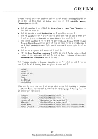 40 
Any Question or Suggestion, Click Here to Discuss 
C in Hindi 
ifjHkkf’kr fd;s x, ukeksa ds lkFk gh fofHkUu izdkj dh izfØ;k,a djrk gSA fdlh Identifier dks uke nsus ds fy, gesa fuEu fu;eksa dks Follow djuk gksrk gS] ftUgsa Identifier Naming Convention dgk tkrk gS% 
• fdlh Hkh Identifier ds uke esa fdlh Hkh Upper Case o Lower Case Character dk iz;ksx fd;k tk ldrk gSA 
• fdlh Hkh Identifier ds uke esa Underscore dk Hkh iz;ksx fd;k tk ldrk gSA 
• fdlh Hkh Identifier ds uke esa ;fn ge vadksa dk iz;ksx djuk pkgsa] rks vadksa dk iz;ksx djus ls igys de ls de ,d Character ;k Underscore dk gksuk t:jh gksrk gSA 
• blds vykok Identifier ds uke esa fdlh Hkh izdkj ds Special Symbol tSls fd Period, Comma, Blank Space vkfn dk iz;ksx ugha fd;k tk ldrk gSA lkFk gh ge Identifier ds uke esa fdlh Reserve Word ;k fdlh Built-In Function ds uke dk iz;ksx Hkh ugha dj ldrs gSaA 
• fdlh Hkh uke dh “kq:vkr fdlh vad ls ugha gks ldrh gSA 
• ^^lh** ,d Case Sensitive Language gS] blfy, bl Hkk’kk esa Capital Letters o Small Letters ds uke vyxvyx ekus tkrs gSaA tSls int Sum o int sum nks vyxvyx Variable Name ;k Identifies gksaxs uk fd lekuA 
fdlh Variable Identifier ;k Constant Identifier dk ge fuEu rjhds dk dksbZ Hkh uke j[k ldrs gSa] tks fd “C” ds Naming Rules dk iwjh rjg ls ikyu djrs gSa% 
number 
number2 
amount_of_sale 
_amount 
salary 
daysOfWeek 
monthsOfYear 
ysfdu vkxs fn, tk jgs uke xyr gSa vkSj ge bu rjhdksa ds uke fdlh Variable ;k Constant Identifier dks Assign ugha dj ldrs gSa] D;ksafd ;s uke “C” Language ds Naming Rules dk iwjh rjg ls ikyu ugha djrs gSa% 
number# /* illegal use of Special Symbol # */ 
number2* /* illegal use of Special Symbol * */ 
1amount_of_sale /* Name could not start with a Digit */ 
$amount /* illegal use of Special Symbol  and $ */ 
days Of Week /* illegal use of Special Symbol Blank Space between name */ 
months OfYear10 /* illegal use of Special Symbol Blank Space between name */ 
 
