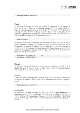 51 
Any Question or Suggestion, Click Here to Discuss 
C in Hindi 
unsigned long int population; 
Float 
tc gesa izksxzke esa fHkUukRed o n”keyo okyh la[;kvksa dks Store djus ds fy, Memory dh t:jr gksrh gS] rc ge float izdkj dk Identifier Declare djrs gSaA ;s Identifier eseksjh es 4 Bytes dh Storage Space Reserve djrk gS vkSj fHkUu ;k ?kkrkad :iksa esa 3.4E-38 ls 3.4E+38 eku rd dh la[;k dks Store dj ldrk gSA bl izdkj ds Identifier ds lkFk unsigned, signed, short ;k long fdlh Hkh Modifier dk iz;ksx ugha fd;k tk ldrk gSA bl rjg dk Identifier fuEukuqlkj rjhds ls Declare dj ldrs gSa% 
float lightSpeed; 
tc ge fdlh Float izdkj ds Variable esa dksbZ eku Store djuk pkgrs gSa] rc eku ds lkFk gesa f ;k F Character dks Post-Fix ds :i esa Use djuk t:jh gksrk gSA ;fn ge ,slk ugha djrs gSa] rks Float izdkj ds Identifier esa Store gksus okyk eku Float izdkj dk ugha cfYd Double izdkj dk gksrk gSA ;kuh “C” Language esa gj Real Number By Default Double izdkj dk gksrk gSA blfy, ;fn ge lightSpeed Variable esa dksbZ eku Store djuk pkgsa] rks gesa ;s eku fuEukuqlkj Statement }kjk Store djuk gksxk% 
lightSpeed = 38000000000f; OR 
lightSpeed = 38000000000F; 
Double 
tc gesa izksxzke esa bruh cMh fHkUukRed ;k ?kkrkad la[;k ds lkFk izfØ;k djuh gksrh gS] tks dh float dh Range ls Hkh T;knk gks] rc ge bl Data Type dk iz;ksx djds Identifier Declare djrs gSA bUgsa Hkh ge nks Hkkxksa esa ckaV ldrs gSa% 
Double 
;s eseksjh esa 8 Byte dh Storage Space Reserve djrk gS vkSj 1.7E-308 ls 1.7E+308 eku rd dh la[;k dks Store dj ldrk gSA bl izdkj ds Identifier dks ge fuEukuqlkj Declare dj ldrs gSa% 
double lightMovementIn1Year; 
long double 
tc Double ds lkFk long Key word yxk fn;k tkrk gS ;kuh tc long double izdkj dk Data Type Use djrs gS rc og Identifier cMh ls cMh la[;k dks Store dj ldrk gSA ;g eseksjh esa 10 Byte dh Storage Space Reserve djrk gS vkSj 3.4E-4932 ls 3.4E+4932 eku rd dh la[;k Store dj ldrk gSA bl rjg dk Identifier Hkh ge fuEukuqlkj Declare dj ldrs gSa% 
 