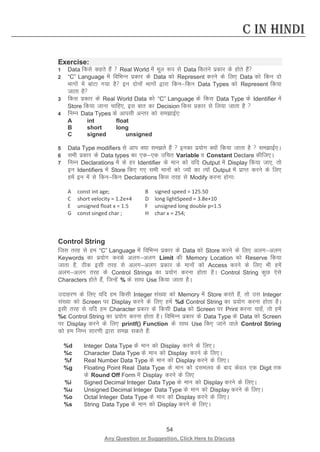 54 
Any Question or Suggestion, Click Here to Discuss 
C in Hindi 
Exercise: 
1 Data fdls dgrs gSa  Real World esa ewy :i ls Data fdrus izdkj ds gksrs gSa 
2 “C” Language esa fofHkUu izdkj ds Data dks Represent djus ds fy, Data dks fdu nks Hkkxksa esa ckaVk x;k gS bu nksuksa Hkkxksa }kjk fdufdu Data Types dks Represent fd;k tkrk gS 
3 fdl izdkj ds Real World Data dks “C” Language ds fdl Data Type ds Identifier esa Store fd;k tkuk pkfg,] bl ckr dk Decision fdl izdkj ls fy;k tkrk gS  
4 fuEu Data Types ds vkilh vUrj dks lekbZ,% 
A int float 
B short long 
C signed unsigned 
5 Data Type modifiers ls vki D;k lers gSa  budk iz;ksx D;ksa fd;k tkrk gS  lekbZ,A 
6 lHkh izdkj ds Data types dk ,d,d mfpr Variable o Constant Declare dhft,A 
7 fuEu Declarations esa ds gj Identifier ds eku dks ;fn Output esa Display fd;k tk,] rks bu Identifiers esa Store fd, x, lHkh ekuksa dks T;ksa dk R;ksa Output esa izkIr djus ds fy, gesa bu esa ls fdufdu Declarations fdl rjg ls Modify djuk gksxk% 
A const int age; B signed speed = 125.50 
C short velocity = 1.2e+4 D long lightSpeed = 3.8e+10 
E unsigned float x = 1.5 F unsigned long double p=1.5 
G const singed char ; H char x = 254; 
Control String 
ftl rjg ls ge “C” Language esa fofHkUu izdkj ds Data dks Store djus ds fy, vyxvyx Keywords dk iz;ksx djds vyxvyx Limit dh Memory Location dks Reserve fd;k tkrk gS] Bhd blh rjg ls vyxvyx izdkj ds ekuksa dks Access djus ds fy, Hkh gesa vyxvyx rjg ds Control Strings dk iz;ksx djuk gksrk gSA Control String dqN ,sls Characters gksrs gSa] ftUgsa % ds lkFk Use fd;k tkrk gSA 
mnkgj.k ds fy, ;fn ge fdlh Integer la[;k dks Memory esa Store djrs gSa] rks ml Integer la[;k dks Screen ij Display djus ds fy, gesa %d Control String dk iz;ksx djuk gksrk gSA blh rjg ls ;fn ge Character izdkj ds fdlh Data dks Screen ij Print djuk pkgsa] rks gesa %c Control String dk iz;ksx djuk gksrk gSA fofHkUu izdkj ds Data Type ds Data dks Screen ij Display djus ds fy, printf() Function ds lkFk Use fd, tkus okys Control String dks ge fuEu lkj.kh }kjk le ldrs gSa% 
%d 
Integer Data Type ds eku dks Display djus ds fy,A 
%c 
Character Data Type ds eku dks Display djus ds fy,A 
%f 
Real Number Data Type ds eku dks Display djus ds fy,A 
%g 
Floating Point Real Data Type ds eku dks nleyo ds ckn dsoy ,d Digit rd ds Round Off Form esa Display djus ds fy, 
%i 
Signed Decimal Integer Data Type ds eku dks Display djus ds fy,A 
%u 
Unsigned Decimal Integer Data Type ds eku dks Display djus ds fy,A 
%o 
Octal Integer Data Type ds eku dks Display djus ds fy,A 
%s 
String Data Type ds eku dks Display djus ds fy,A  