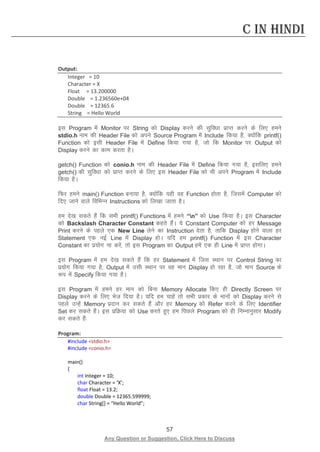 57 
Any Question or Suggestion, Click Here to Discuss 
C in Hindi 
Output: 
Integer = 10 
Character = X 
Float = 13.200000 
Double = 1.236560e+04 
Double = 12365.6 
String = Hello World 
bl Program esa Monitor ij String dks Display djus dh lqfo/kk izkIr djus ds fy, geus stdio.h uke dh Header File dks vius Source Program esa Include fd;k gS] D;ksafd printf() Function dks blh Header File esa Define fd;k x;k gS] tks fd Monitor ij Output dks Display djus dk dke djrk gSA 
getch() Function dks conio.h uke dh Header File esa Define fd;k x;k gS] blfy, geus getch() dh lqfo/kk dks izkIr djus ds fy, bl Header File dks Hkh vius Program esa Include fd;k gSA 
fQj geus main() Function cuk;k gS] D;ksafd ;gh og Function gksrk gS] ftlesa Computer dks fn, tkus okys fofHkUu Instructions dks fy[kk tkrk gSA 
ge ns[k ldrs gSa fd lHkh printf() Functions esa geus “n” dks Use fd;k gSA bl Character dks Backslash Character Constant dgrs gSaA ;s Constant Computer dks gj Message Print djus ds igys ,d New Line ysus dk Instruction nsrk gS] rkfd Display gksus okyk gj Statement ,d ubZ Line esa Display gksA ;fn ge printf() Function esa bl Character Constant dk iz;ksx uk djsa] rks bl Program dk Output gesa ,d gh Line esa izkIr gksxkA 
bl Program esa ge ns[k ldrs gSa fd gj Statement esa ftl LFkku ij Control String dk iz;ksx fd;k x;k gS] Output esa mlh LFkku ij og eku Display gks jgk gS] tks eku Source ds :i esa Specify fd;k x;k gSA 
bl Program esa geus gj eku dks fcuk Memory Allocate fd, gh Directly Screen ij Display djus ds fy, Hkst fn;k gSA ;fn ge pkgsa rks lHkh izdkj ds ekuksa dks Display djus ls igys mUgsa Memory iznku dj ldrs gSa vkSj gj Memory dks Refer djus ds fy, Identifier Set dj ldrs gSaA bl izfØ;k dks Use djrs gq, ge fiNys Program dks gh fuEukuqlkj Modify dj ldrs gSa% 
Program: 
#include stdio.h 
#include conio.h 
main() 
{ 
int Integer = 10; 
char Character = ‘X’; 
float Float = 13.2; 
double Double = 12365.599999; 
char String[] = “Hello World”; 
 