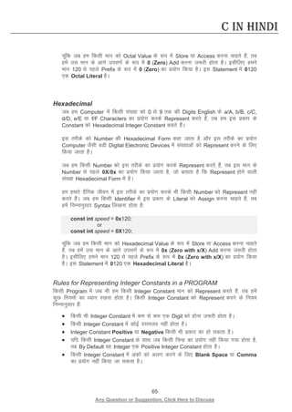 65 
Any Question or Suggestion, Click Here to Discuss 
C in Hindi 
pwafd tc ge fdlh eku dks Octal Value ds :i esa Store ;k Access djuk pkgrs gSa] rc gesa ml eku ds vkxs milxZ ds :i esa 0 (Zero) Add djuk t:jh gksrk gSA blhfy, geus eku 120 ls igys Prefix ds :i esa 0 (Zero) dk iz;ksx fd;k gSA bl Statement esa 0120 ,d Octal Literal gSA 
Hexadecimal 
tc ge Computer esa fdlh la[;k dks 0 ls 9 rd dh Digits English ds a/A, b/B, c/C, d/D, e/E ;k f/F Characters dk iz;ksx djds Represent djrs gSa] rc ge bl izdkj ds Constant dks Hexadecimal Integer Constant dgrs gSaA 
bl rjhds dks Number dh Hexadecimal Form dgk tkrk gS vkSj bl rjhds dk iz;ksx Computer tSlh cMh Digital Electronic Devices esa la[;kvksa dks Represent djus ds fy, fd;k tkrk gSA 
tc ge fdlh Number dks bl rjhds dk iz;ksx djds Represent djrs gSa] rc bl eku ds Number ls igys 0X/0x dk iz;ksx fd;k tkrk gS] tks crkrk gS fd Represent gksus okyh la[;k Hexadecimal Form esa gSA 
ge gekjs nSfud thou esa bl rjhds dk iz;ksx djds Hkh fdlh Number dks Represent ugha djrs gSaA tc ge fdlh Identifier esa bl izdkj ds Literal dks Assign djuk pkgrs gSa] rc gesa fuEukuqlkj Syntax fy[kuk gksrk gS% 
const int speed = 0x120; 
or 
const int speed = 0X120; 
pwafd tc ge fdlh eku dks Hexadecimal Value ds :i esa Store ;k Access djuk pkgrs gSa] rc gesa ml eku ds vkxs milxZ ds :i esa 0x (Zero with x/X) Add djuk t:jh gksrk gSA blhfy, geus eku 120 ls igys Prefix ds :i esa 0x (Zero with x/X) dk iz;ksx fd;k gSA bl Statement esa 0120 ,d Hexadecimal Literal gSA 
Rules for Representing Integer Constants in a PROGRAM 
fdlh Program esa tc Hkh ge fdlh Integer Constant eku dks Represent djrs gSa] rc gesa dqN fu;eksa dk /;ku j[kuk gksrk gSA fdlh Integer Constant dks Represent djus ds fu;e fuEukuqlkj gSa% 
• fdlh Hkh Integer Constant esa de ls de ,d Digit dks gksuk t:jh gksrk gSA 
• fdlh Integer Constant esa dksbZ nleyo ugha gksrk gSA 
• Integer Constant Positive ;k Negative fdlh Hkh izdkj dk gks ldrk gSA 
• ;fn fdlh Integer Constant ds lkFk tc fdlh fpUg dk iz;ksx ugha fd;k x;k gksrk gS] rc By Default og Integer ,d Positive Integer Constant gksrk gSA 
• fdlh Integer Constant esa vadksa dks vyx djus ds fy, Blank Space ;k Comma dk iz;ksx ugha fd;k tk ldrk gSA 
 