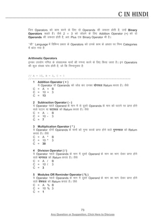 73 
Any Question or Suggestion, Click Here to Discuss 
C in Hindi 
ftu Operators dks dke djus ds fy, nks Operands dh t:jr gksrh gS] mUgsa Binary Operators dgrs gSaA tSls 2 $ 3 dks tksMus ds fy, Addition Operator (+) dks nks Operands dh t:jr gksrh gS] vr% Plus ,d Binary Operator Hkh gSA 
^^lh** Language esa fofHkUu izdkj ds Operators dks muds dke ds vk/kkj ij fuEu Categories esa ckaVk x;k gS% 
Arithmetic Operators 
budk mi;ksx xf.kr ds la[;kRed ekuksa dh x.kuk djus ds fy, fd;k tkrk gSA bu Operators dh dqy la[;k ikap gksrh gS] tks fd fuEukuqlkj gS% 
// A = 10, B = 3, C = ? 
//--------------------------------------------------------------- 
1 Addition Operator ( + ) 
;s Operator nks Operands dks tksM dj mudk ;ksxQy Return djrk gSA tSls 
C = A + B 
C = 10 + 3 
C = 13 
2 Subtraction Operator ( - ) 
;s Operator igys Operand ds eku esa ls nwljs Operands ds eku dks ?kVkus ij izkIr gksus okys ?kVku ;k ?kVkQy dks Return djrk gSA tSls 
C = A - B 
C = 10 - 3 
C = 7 
3 Multiplication Operator ( * ) 
;s Operator nksuksa Operands ds ekuksa dks xq.kk djds izkIr gksus okys xq.kuQy dks Return djrk gSA tSls 
C = A * B 
C = 10 * 3 
C = 30 
4 Division Operator ( / ) 
;s Operator igys Operands ds eku esa nwljs Operand ds eku dk Hkkx nsdj izkIr gksus okys HkkxQy dks Return djrk gSA tSls 
C = A / B 
C = 10 / 3 
C = 3 
5 Modules OR Reminder Operator ( % ) 
;s Operator igys Operands ds eku esa nwljs Operand ds eku dk Hkkx nsdj izkIr gksus okys “ks’kQy dks Return djrk gSA tSls 
C = A % B 
C = 10 % 3 
C = 1 
 