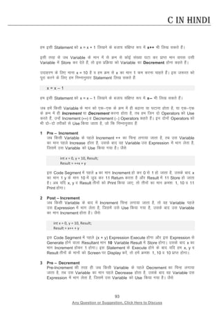 93 
Any Question or Suggestion, Click Here to Discuss 
C in Hindi 
ge blh Statement dks x = x + 1 fy[kus ds ctk; laf{kIr :i esa x++ Hkh fy[k ldrs gSaA 
blh rjg ls tc Variable ds eku esa ls Øe ls dksbZ la[;k ?kVk dj izkIr eku okil mlh Variable esa Store dj nsrs gSa] rks bl izfØ;k dks Variable dk Decrement gksuk dgrs gSaA 
mnkgj.k ds fy, ekuk x = 10 gS o ge Øe ls x dk eku 1 de djuk pkgrs gSaA bl t:jr dks iwjk djus ds fy, ge fuEukuqlkj Statement fy[k ldrs gSa% 
x = x – 1 
ge blh Statement dks x = x – 1 fy[kus ds ctk; laf{kIr :i esa x-- Hkh fy[k ldrs gSaA 
tc gesa fdlh Variable ds eku dks ,d,d ds Øe esa gh ckuk ;k ?kVkuk gksrk gS] ;k ,d,d ds Øe esa gh Increment ;k Decrement djuk gksrk gS] rc ge ftu nks Operators dks Use djrs gSa] mUgsa Increment (++) o Decrement (--) Operators dgrs gSaA bu nksuksa Operators dks Hkh nksnks rjhdksa ls Use fd;k tkrk gS] tks fd fuEukuqlkj gSa% 
1 Pre – Increment 
tc fdlh Variable ds igys Increment ++ dk fpUg yxk;k tkrk gS] rc ml Variable dk eku igys Increase gksrk gS] mlds ckn og Variable ml Expression esa Hkkx ysrk gS] ftlesa ml Variable dks Use fd;k x;k gSSA tSls 
int x = 0, y = 10, Result; 
Result = ++x + y 
bl Code Segment esa igys x dk eku Increment gks dj 0 ls 1 gks tkrk gS] mlds ckn x dk eku 1 y ds eku 10 esa tqM dj 11 Return djrk gS vkSj Result esa 11 Store gks tkrk gSA vc ;fn x, y o Result rhuksa dks Print fd;k tk,] rks rhuksa dk eku Øe”k% 1, 10 o 11 Print gksxkA 
2 Post – Increment 
tc fdlh Variable ds ckn esa Increment fpUg yxk;k tkrk gS] rks og Variable igys ml Expression esa Hkkx ysrk gS] ftlesa mls Use fd;k x;k gS] mlds ckn ml Variable dk eku Increment gksrk gSA tSls% 
int x = 0, y = 10, Result; 
Result = x++ + y 
bl Code Segment esa igys (x + y) Expression Execute gksxk vkSj bl Expression ls Generate gksus okyk Resultant eku 10 Variable Result esa Store gksxkA mlds ckn x dk eku Increment gksdj 1 gksxkA bl Statement ds Execute gksus ds ckn ;fn ge x, y o Result rhuksa ds ekuksa dks Screen ij Display djsa] rks gesa Øe”k% 1, 10 o 10 izkIr gksxkA 
3 Pre – Decrement 
Pre-Increment dh rjg gh tc fdlh Variable ds igys Decrement dk fpUg yxk;k tkrk gS] rc ml Variable dk eku igys Decrease gksrk gS] mlds ckn og Variable ml Expression esa Hkkx ysrk gS] ftlesa ml Variable dks Use fd;k x;k gSSA tSls 
 