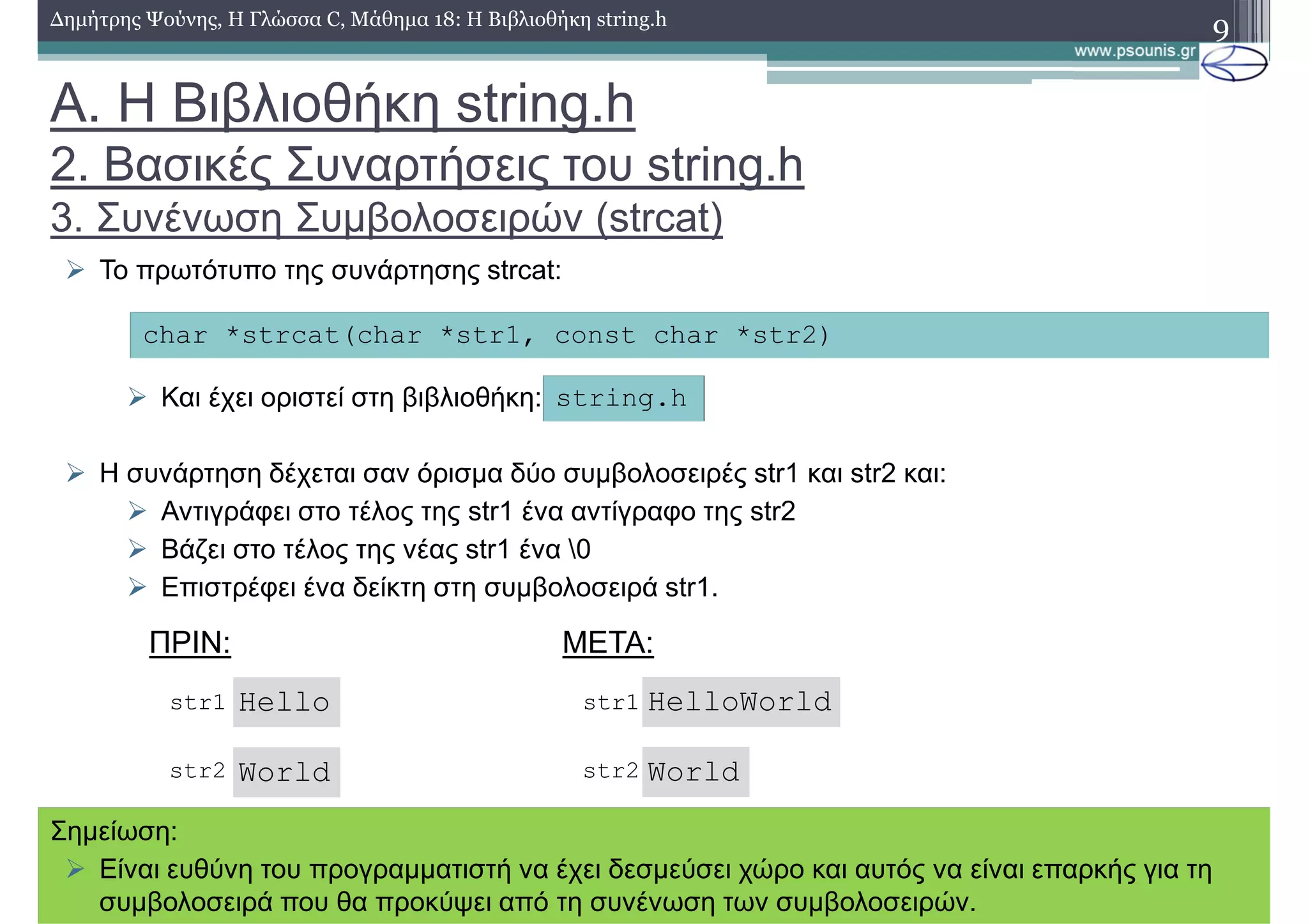 9∆ηµήτρης Ψούνης, Η Γλώσσα C, Μάθηµα 18: Η Βιβλιοθήκη string.h
Το πρωτότυπο της συνάρτησης strcat:
Και έχει οριστεί στη βιβλιοθήκη:
Η συνάρτηση δέχεται σαν όρισµα δύο συµβολοσειρές str1 και str2 και:
Αντιγράφει στο τέλος της str1 ένα αντίγραφο της str2
Βάζει στο τέλος της νέας str1 ένα 0
Επιστρέφει ένα δείκτη στη συµβολοσειρά str1.
char *strcat(char *str1, const char *str2)
string.h
ΠΡΙΝ:
Hello
World
str1
str2
META:
str1
str2
HelloWorld
World
Σηµείωση:
Είναι ευθύνη του προγραµµατιστή να έχει δεσµεύσει χώρο και αυτός να είναι επαρκής για τη
συµβολοσειρά που θα προκύψει από τη συνένωση των συµβολοσειρών.
Α. Η Βιβλιοθήκη string.h
2. Βασικές Συναρτήσεις του string.h
3. Συνένωση Συµβολοσειρών (strcat)
 
