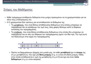 Στόχος του Μαθήµατος
3∆ηµήτρης Ψούνης, Η Γλώσσα C, Μάθηµα 3: Μεταβλητές και Σταθερές
Κάθε πρόγραµµα αποθηκεύει δεδοµένα στην µνήµη προκειµένου να τα χρησιµοποιήσει για να
κάνει τους υπολογισµούς του.
Η C χρησιµοποιεί δύο τρόπους για να αποθηκεύσει τα δεδοµένα της:
Τις µεταβλητές, που είναι θέσεις αποθήκευσης δεδοµένων στις οποίες µπορούµε να
παρέµβουµε και να αλλάξουµε την τιµή τους, όσες φορές θέλουµε κατά τη διάρκεια
εκτέλεσης του προγράµµατος.
Τις σταθερές, που είναι θέσεις αποθήκευσης δεδοµένων στις οποίες δεν µπορούµε να
παρέµβουµε και σε όλη την διάρκεια του προγράµµατος έχουν την ίδια τιµή. Την τιµή αυτή
την δηλώνουµε στην αρχή του προγράµµατος
Πρέπει να διαχωρίσουµε εξαρχής στο µυαλό µας, ότι κάθε µεταβλητή έχει το όνοµα της
(π.χ η µεταβλητή x), που έχει µία θέση µνήµης (π.χ. η x είναι στη θέση µνήµης 1000),
στην οποία αποθηκεύεται η τιµή της µεταβλητής (π.χ x=3) και έχει και έναν τύπο
δεδοµένων (π.χ η x είναι ακέραια)
x c y
2 64
1000 1004 1008
 