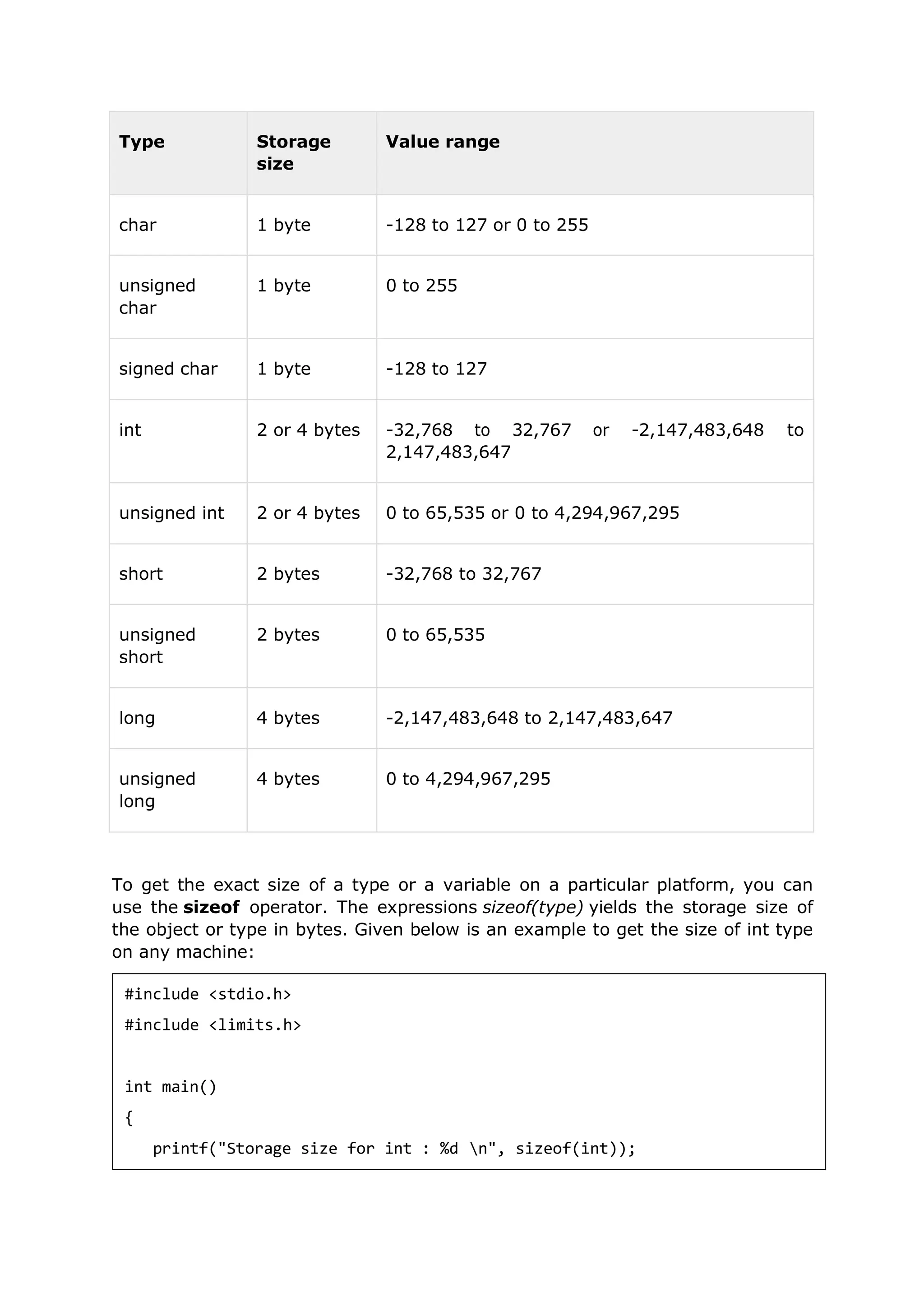 Type Storage
size
Value range
char 1 byte -128 to 127 or 0 to 255
unsigned
char
1 byte 0 to 255
signed char 1 byte -128 to 127
int 2 or 4 bytes -32,768 to 32,767 or -2,147,483,648
2,147,483,647
to
unsigned int 2 or 4 bytes 0 to 65,535 or 0 to 4,294,967,295
short 2 bytes -32,768 to 32,767
unsigned
short
2 bytes 0 to 65,535
long 4 bytes -2,147,483,648 to 2,147,483,647
unsigned
long
4 bytes 0 to 4,294,967,295
To get the exact size of a type or a variable on a particular platform, you can
use the sizeof operator. The expressions sizeof(type) yields the storage size of
the object or type in bytes. Given below is an example to get the size of int type
on any machine:
#include <stdio.h>
#include <limits.h>
int main()
{
printf("Storage size for int : %d n", sizeof(int));
 