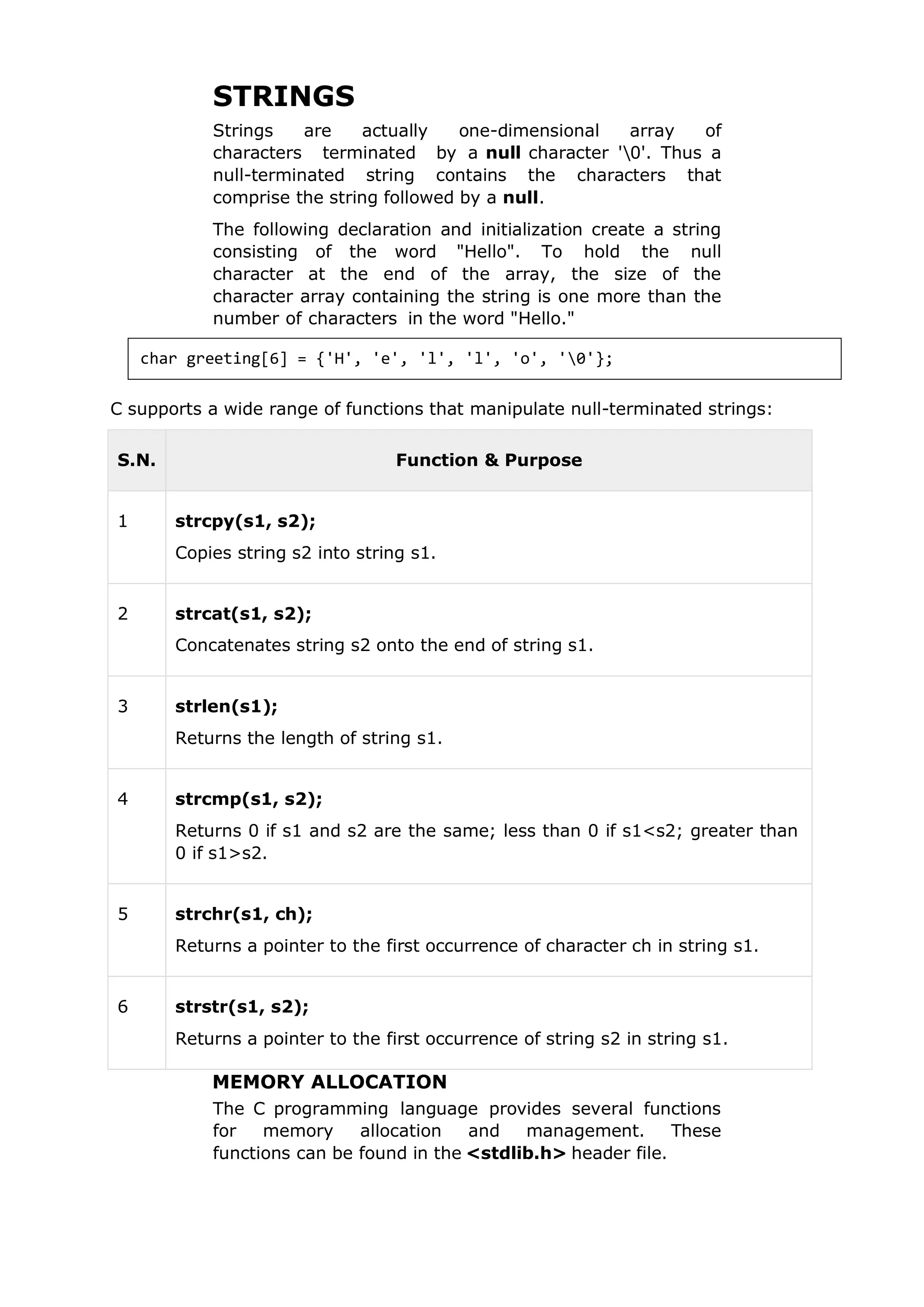 STRINGS
Strings are actually one-dimensional array of
characters terminated by a null character '0'. Thus a
null-terminated string contains the characters that
comprise the string followed by a null.
The following declaration and initialization create a string
consisting of the word "Hello". To hold the null
character at the end of the array, the size of the
character array containing the string is one more than the
number of characters in the word "Hello."
C supports a wide range of functions that manipulate null-terminated strings:
S.N. Function & Purpose
1 strcpy(s1, s2);
Copies string s2 into string s1.
2 strcat(s1, s2);
Concatenates string s2 onto the end of string s1.
3 strlen(s1);
Returns the length of string s1.
4 strcmp(s1, s2);
Returns 0 if s1 and s2 are the same; less than 0 if s1<s2; greater than
0 if s1>s2.
5 strchr(s1, ch);
Returns a pointer to the first occurrence of character ch in string s1.
6 strstr(s1, s2);
Returns a pointer to the first occurrence of string s2 in string s1.
MEMORY ALLOCATION
The C programming language provides several functions
for memory allocation and management. These
functions can be found in the <stdlib.h> header file.
char greeting[6] = {'H', 'e', 'l', 'l', 'o', '0'};
 