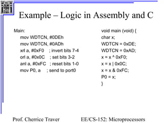 Example – Logic in Assembly and C 
Prof. Cherrice Traver EE/CS-152: Microprocessors 
and Microcontrollers 
Main: 
mov WDTCN, #0DEh 
mov WDTCN, #0ADh 
xrl a, #0xF0 ; invert bits 7-4 
orl a, #0x0C ; set bits 3-2 
anl a, #0xFC ; reset bits 1-0 
mov P0, a ; send to port0 
void main (void) { 
char x; 
WDTCN = 0xDE; 
WDTCN = 0xAD; 
x = x ^ 0xF0; 
x = x | 0x0C; 
x = x & 0xFC; 
P0 = x; 
} 
 