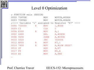 Level 0 Optimization 
; FUNCTION main (BEGIN) 
0000 75FFDE MOV WDTCN,#0DEH 
0003 75FFAD MOV WDTCN,#0ADH 
;---- Variable 'i' assigned to Register 'R7' ---- 
0006 750000 R MOV i,#00H 
0009 C3 CLR C 
000A E500 R MOV A,i 
000C 6480 XRL A,#080H 
000E 9490 SUBB A,#090H 
0010 5020 JNC ?C0004 
0012 AF00 R MOV R7,i 
0014 7400 R MOV A,#LOW SEGS7 
0016 2F ADD A,R7 
0017 F8 MOV R0,A 
0018 E6 MOV A,@R0 
… 
Prof. Cherrice Traver EE/CS-152: Microprocessors 
and Microcontrollers 
 