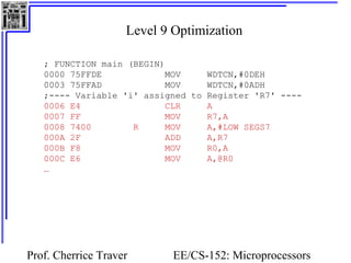 Level 9 Optimization 
; FUNCTION main (BEGIN) 
0000 75FFDE MOV WDTCN,#0DEH 
0003 75FFAD MOV WDTCN,#0ADH 
;---- Variable 'i' assigned to Register 'R7' ---- 
0006 E4 CLR A 
0007 FF MOV R7,A 
0008 7400 R MOV A,#LOW SEGS7 
000A 2F ADD A,R7 
000B F8 MOV R0,A 
000C E6 MOV A,@R0 
… 
Prof. Cherrice Traver EE/CS-152: Microprocessors 
and Microcontrollers 
 