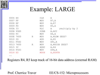 Example: LARGE 
0006 E4 CLR A 
0007 FF MOV R7,A 
0008 EF MOV A,R7 
0009 FD MOV R5,A 
000A 33 RLC A ;multiply by 2 
000B 95E0 SUBB A,ACC 
000D FC MOV R4,A 
000E 7400 R MOV A,#LOW SEGS7 
0010 2D ADD A,R5 
0011 F582 MOV DPL,A 
0013 7400 R MOV A,#HIGH SEGS7 
0015 3C ADDC A,R4 
0016 F583 MOV DPH,A 
0018 E0 MOVX A,@DPTR 
…. 
Registers R4, R5 keep track of 16-bit data address (external RAM) 
Prof. Cherrice Traver EE/CS-152: Microprocessors 
and Microcontrollers 
 