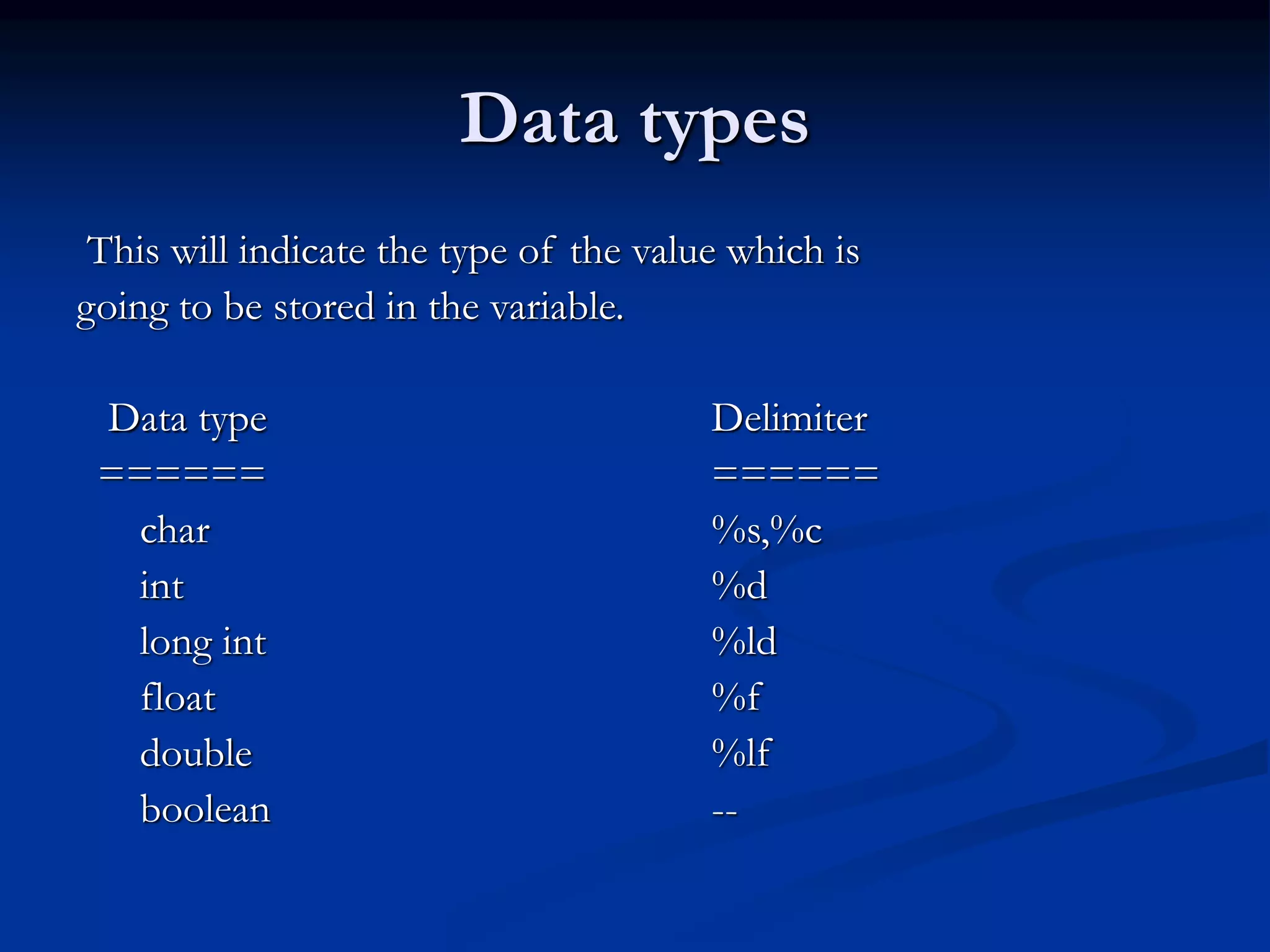 Data types This will indicate the type of the value which is going to be stored in the variable. Data type Delimiter ====== ====== char %s,%c int %d long int %ld float %f double %lf boolean -- 