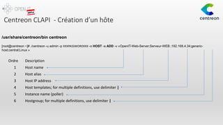 Centreon CLAPI - Création d’un hôte
/usr/share/centreon/bin centreon
[root@centreon ~]# ./centreon -u admin -p XXXPASSWORDXXX -o HOST -a ADD -v «OpenIT-Web-Server;Serveur-WEB ;192.168.4.34;generic-
host;central;Linux »
Ordre Description
1 Host name
2 Host alias
3 Host IP address
4 Host templates; for multiple definitions, use delimiter |
5 Instance name (poller)
6 Hostgroup; for multiple definitions, use delimiter |
 