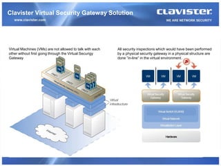 Clavister Virtual Security Gateway Solution




Virtual Machines (VMs) are not allowed to talk with each   All security inspections which would have been performed
other without first going through the Virtual Securigy     by a physical security gateway in a physical structure are
Gateway                                                    done ”in-line” in the virtual environment.
 