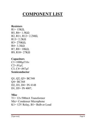 COMPONENT LIST

Resistors
R1= 15KΩ,
R5, R6= 1.5KΩ
R2, R11, R12= 2.2MΩ,
R13= 2.2KΩ
R3= 270KΩ,
R4= 3.3KΩ
R7, R8= 10KΩ,
R9, R10= 27KΩ

Capacitors
C1=1000µf/16v
C2=.01µf,
C3, C4=.047µf
Semiconductor

Q1, Q2, Q3= BC548
Q4= BC368
D2, D3, D4= IN 4148
D1, D5= IN 4007,

Misc
T1= 12v/500mA Transformer
Mic= Condenser Microphone
K1= 12V Relay, B1= Bulb or Load


[Type text]                       Page 8
 