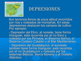 DEPRESIONES
Son terrenos llanos de poca altitud recorridos
por ríos y rodeados de montañas. En estas
depresiones destacan los campos de cultivo.
Por ejemplo:
- Depresión del Ebro, al noreste, tiene forma
triangular, está recorrida por el río Ebro y
rodeada por los Pirineos, el Sistema Ibérico, el
Sistema Costero Catalán y el Mar Mediterráneo.
- Depresión del Guadalquivir, al suroeste,
también tiene forma triangular, está recorrida
por el río Guadalquivir y rodeada por los
sistemas Béticos, Sierra Morena y el Océano
Atlántico.

 