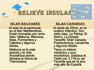 RELIEVE INSULAR
ISLAS BALEARES
Al este de la península,
en el Mar Mediterráneo.
Están formadas por cinco
islas: Mallorca, Menorca,
Ibiza, Formentera y
Cabrera y algunos
islotes.
Mallorca es la más
grande y la más
montañosa donde
destaca la Sierra de
Tramontana.

ISLAS CANARIAS
Al oeste de África, en el
océano Atlántico. Son
siete islas: La Palma, El
Hierro, La Gmera,
Tenerife, Gran Canaria,
Fuerteventura, Lanzarote
y algunos islotes.
Tiene un relieve
volcánico y muy
montañoso. Destaca el
Teide con 3.718 m. en
Tenerife que es el pico
más alto de España.

 