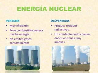 ENERGÍA NUCLEAR
VENTAJAS                    DESVENTAJAS
• Muy eficiente:            • Produce residuos
• Poco combustible genera     radiactivos.
  mucha energía.            • Un accidente podría causar
• No emiten gases             daños en zonas muy
  contaminantes               amplias
 
