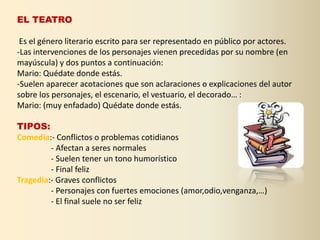 EL TEATRO

 Es el género literario escrito para ser representado en público por actores.
-Las intervenciones de los personajes vienen precedidas por su nombre (en
mayúscula) y dos puntos a continuación:
Mario: Quédate donde estás.
-Suelen aparecer acotaciones que son aclaraciones o explicaciones del autor
sobre los personajes, el escenario, el vestuario, el decorado… :
Mario: (muy enfadado) Quédate donde estás.

TIPOS:
Comedia:- Conflictos o problemas cotidianos
         - Afectan a seres normales
         - Suelen tener un tono humorístico
         - Final feliz
Tragedia:- Graves conflictos
         - Personajes con fuertes emociones (amor,odio,venganza,…)
         - El final suele no ser feliz
 