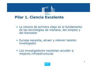 Pilar 1. Ciencia Excelente

• La ciencia de primera clase es el fundamento
  de las tecnologías de mañana, del empleo y
  del bienestar

• Europa necesita, atraer y retener talento
  investigador

• Los investigadores necesitan acceder a
  mejores infraestructuras

                                                 7
                    Policy
                     Research and
                     Innovation
 