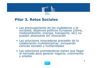 Pilar 3. Retos Sociales

• Las preocupaciones de los ciudadanos y la
  sociedad, objetivos políticos Europeos (clima,
  medioambiente, energia, transporte, etc) no
  pueden alcanzarse sin innovación
• Las soluciones innovadoras proceden de la
  colaboración multidisciplinar, incluyendo
  ciencias sociales y humanidades
• Las soluciones prometedoras tienen que llegar
  al mercado para generar negocio, crecimiento
  y empleo
                                                   9
                    Policy
                     Research and
                     Innovation
 