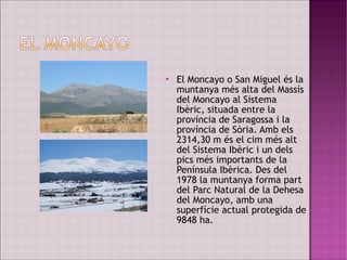  El Moncayo o San Miguel és la
muntanya més alta del Massís
del Moncayo al Sistema
Ibèric, situada entre la
província de Saragossa i la
província de Sòria. Amb els
2314,30 m és el cim més alt
del Sistema Ibèric i un dels
pics més importants de la
Península Ibèrica. Des del
1978 la muntanya forma part
del Parc Natural de la Dehesa
del Moncayo, amb una
superfície actual protegida de
9848 ha.
 