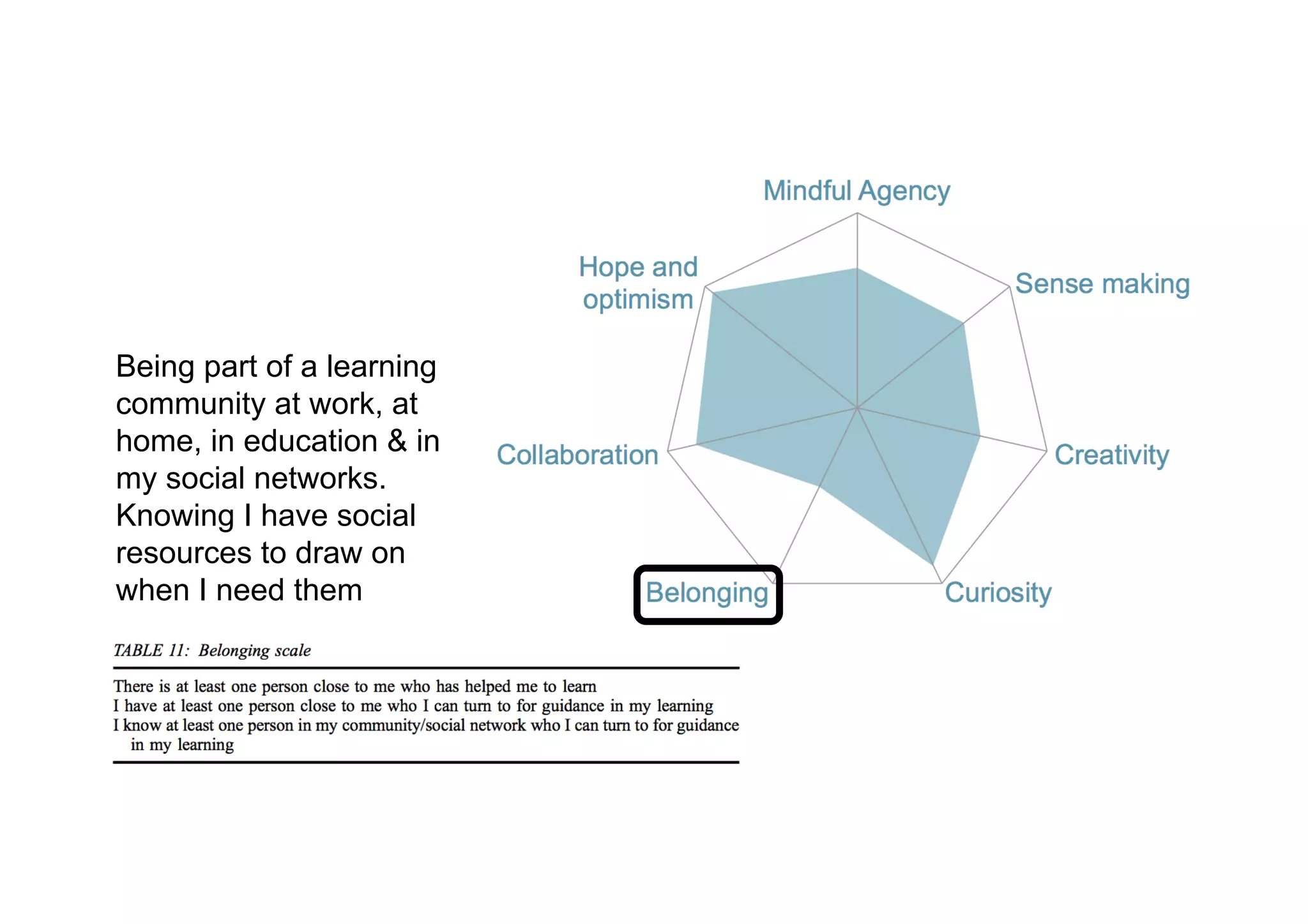Being part of a learning
community at work, at
home, in education & in
my social networks.
Knowing I have social
resources to draw on
when I need them
 