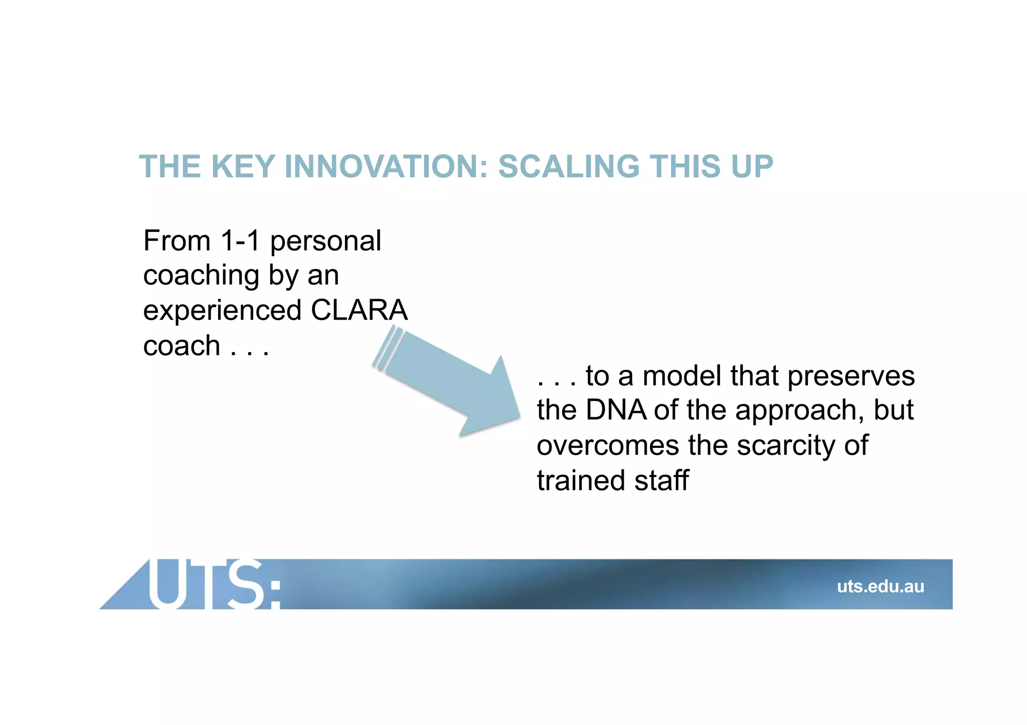 THE KEY INNOVATION: SCALING THIS UP
From 1-1 personal
coaching by an
experienced CLARA
coach . . .
uts.edu.au
. . . to a model that preserves
the DNA of the approach, but
overcomes the scarcity of
trained staff
 