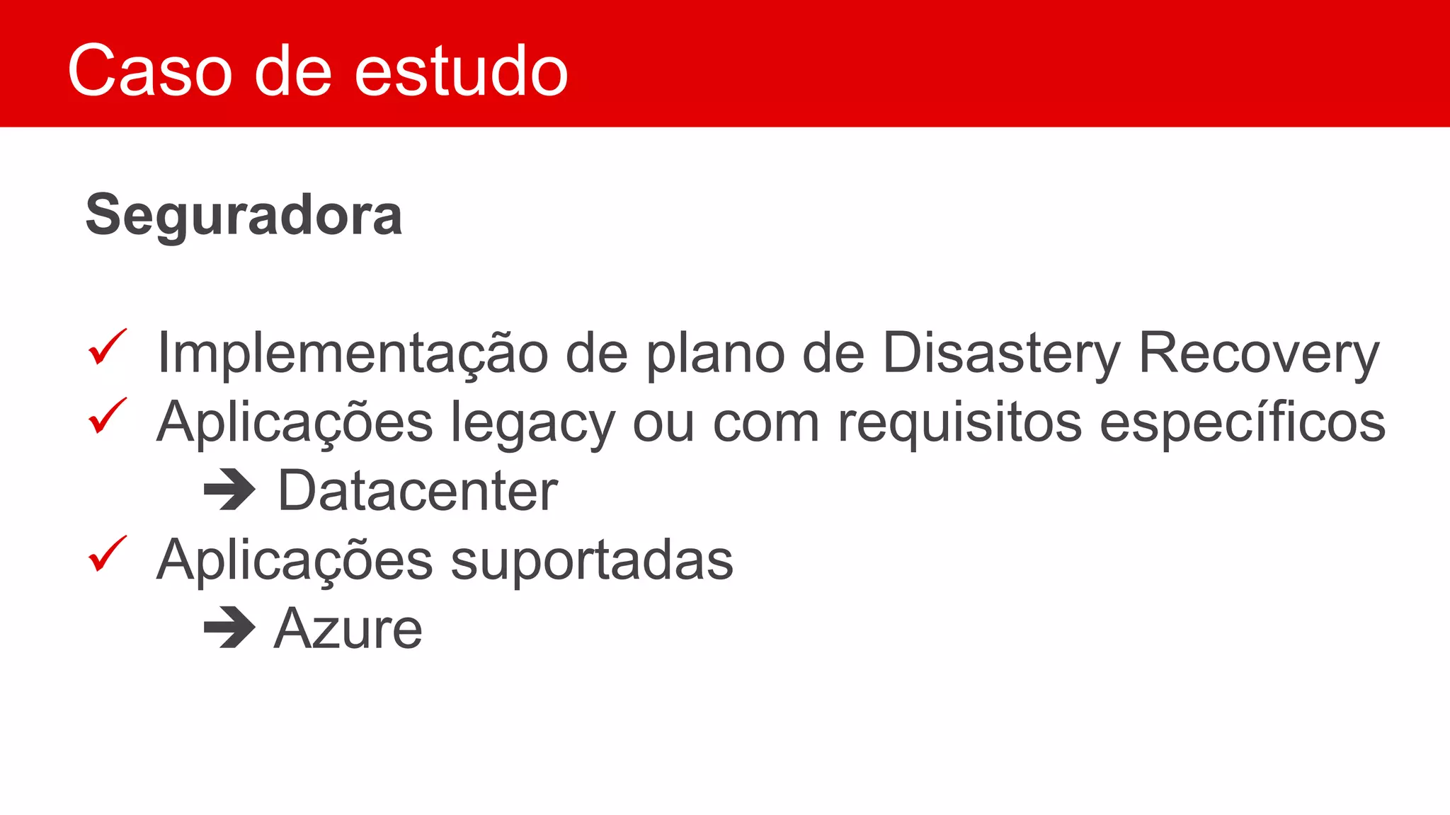 Caso de estudo
Seguradora
 Implementação de plano de Disastery Recovery
 Aplicações legacy ou com requisitos específicos
 Datacenter
 Aplicações suportadas
 Azure
 