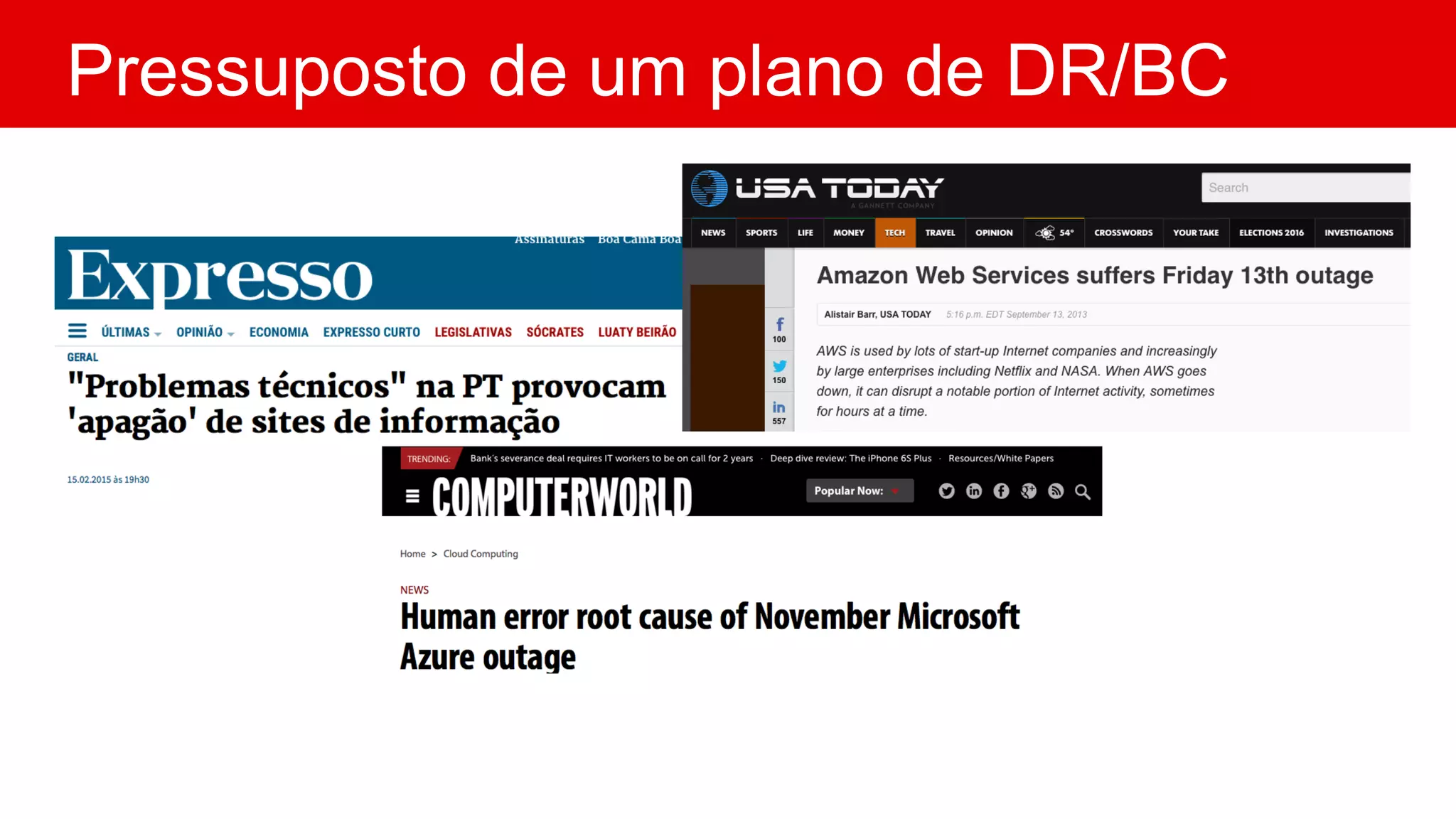 Pressuposto de um plano de DR/BC
Tudo falha, em algum
momento
 