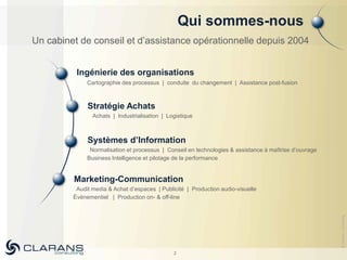 Qui sommes-nous
Un cabinet de conseil et d’assistance opérationnelle depuis 2004


          Ingénierie des organisations
              Cartographie des processus | conduite du changement | Assistance post-fusion



              Stratégie Achats
                Achats | Industrialisation | Logistique



              Systèmes d’Information
               Normalisation et processus | Conseil en technologies & assistance à maîtrise d’ouvrage
              Business Intelligence et pilotage de la performance


         Marketing-Communication
          Audit media & Achat d’espaces | Publicité | Production audio-visuelle
         Événementiel | Production on- & off-line




                                                                                                        © Clarans consulting
                                               2
 