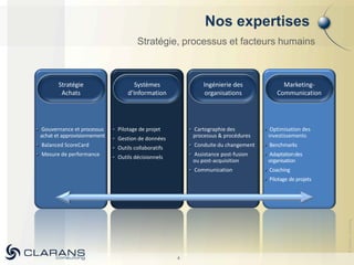 Nos expertises
                                     Stratégie, processus et facteurs humains



       Stratégie                    Systèmes                Ingénierie des            Marketing-
        Achats                   d’Information               organisations          Communication




Gouvernance et processus     Pilotage de projet         Cartographie des          Optimisation des
achat et approvisionnement   Gestion de données         processus & procédures   investissements
Balanced ScoreCard                                      Conduite du changement   Benchmarks
                             Outils collaboratifs
Mesure de performance                                   Assistance post-fusion   Adaptation des
                             Outils décisionnels
                                                        ou post-acquisition      organisation
                                                        Communication            Coaching
                                                                                 Pilotage de projets




                                                                                                       © Clarans consulting
                                                    4
 