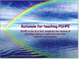 PDHPE is the KLA that completes the rainbow of
schooling, helping students become alive,
colourful, whole people.
Created by Clara Drike Sanchez 176280460
 