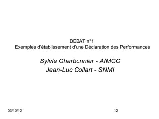 DEBAT n°1
    Exemples d’établissement d’une Déclaration des Performances


              Sylvie Charbonnier - AIMCC
                Jean-Luc Collart - SNMI




03/10/12                                       12
 