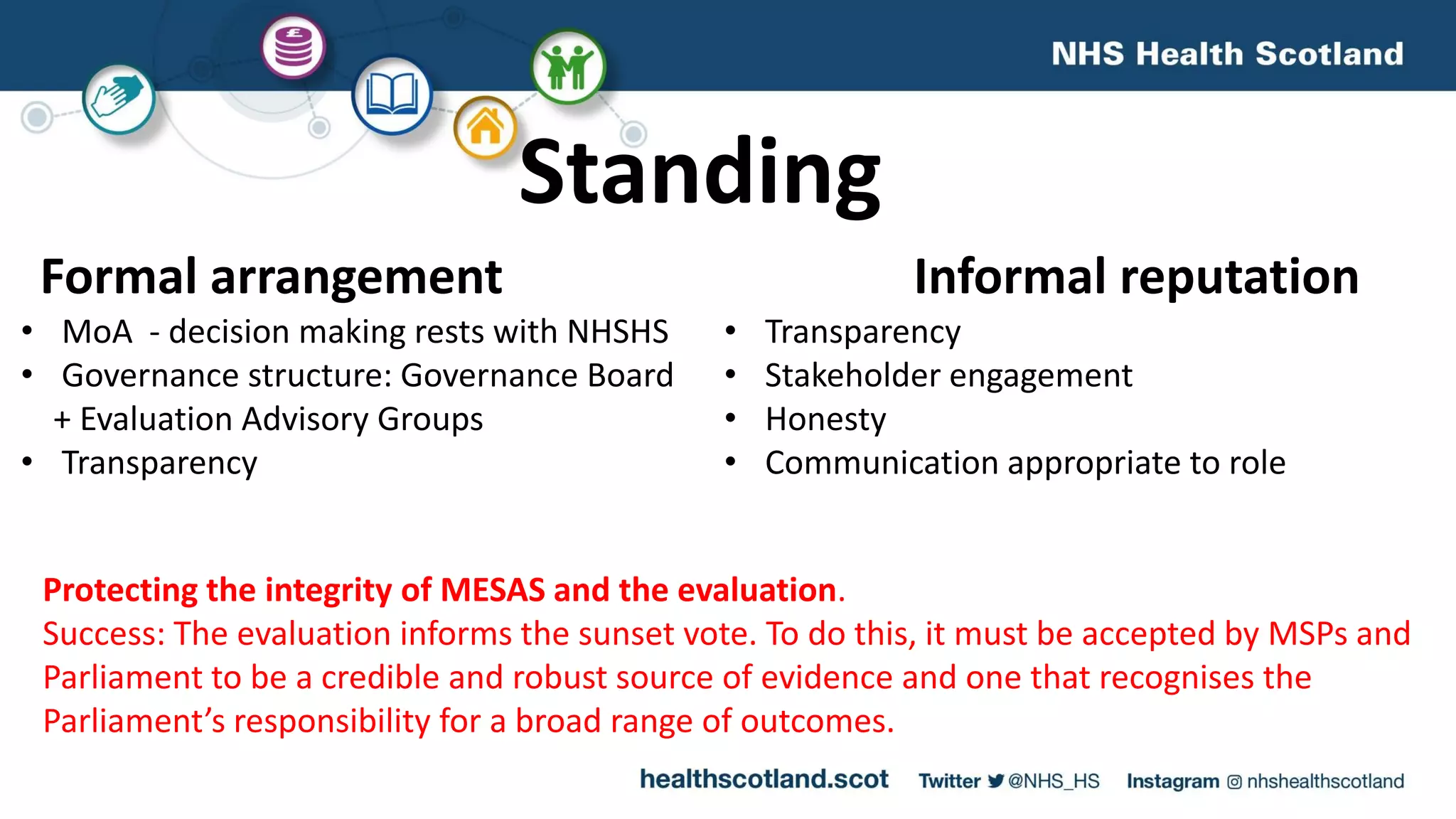 Standing
Formal arrangement Informal reputation
• MoA - decision making rests with NHSHS
• Governance structure: Governance Board
+ Evaluation Advisory Groups
• Transparency
• Transparency
• Stakeholder engagement
• Honesty
• Communication appropriate to role
Protecting the integrity of MESAS and the evaluation.
Success: The evaluation informs the sunset vote. To do this, it must be accepted by MSPs and
Parliament to be a credible and robust source of evidence and one that recognises the
Parliament’s responsibility for a broad range of outcomes.
 
