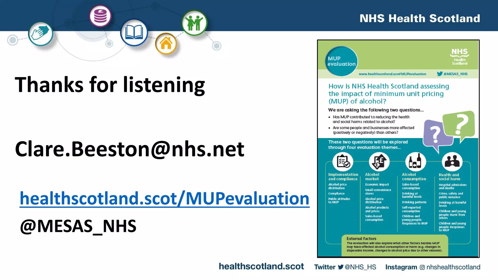Thanks for listening
Clare.Beeston@nhs.net
healthscotland.scot/MUPevaluation
@MESAS_NHS
 