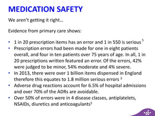 MEDICATION SAFETY
We aren’t getting it right…
Evidence from primary care shows:
• 1 in 20 prescription items has an error and 1 in 550 is serious
5
• Prescription errors had been made for one in eight patients
overall, and four in ten patients over 75 years of age. In all, 1 in
20 prescriptions written featured an error. Of the errors, 42%
were judged to be minor, 54% moderate and 4% severe.
• In 2013, there were over 1 billion items dispensed in England
therefore this equates to 1.8 million serious errors 3
• Adverse drug reactions account for 6.5% of hospital admissions
and over 70% of the ADRs are avoidable.
• Over 50% of errors were in 4 disease classes, antiplatelets,
NSAIDs, diuretics and anticoagulants5
 