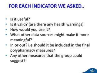 FOR EACH INDICATOR WE ASKED..
• Is it useful?
• Is it valid? (are there any health warnings)
• How would you use it?
• What other data sources might make it more
meaningful?
• In or out? i.e should it be included in the final
polypharmacy measures?
• Any other measures that the group could
suggest?
 