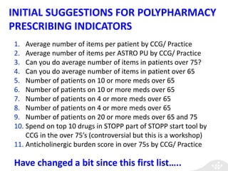 INITIAL SUGGESTIONS FOR POLYPHARMACY
PRESCRIBING INDICATORS
1. Average number of items per patient by CCG/ Practice
2. Average number of items per ASTRO PU by CCG/ Practice
3. Can you do average number of items in patients over 75?
4. Can you do average number of items in patient over 65
5. Number of patients on 10 or more meds over 65
6. Number of patients on 10 or more meds over 65
7. Number of patients on 4 or more meds over 65
8. Number of patients on 4 or more meds over 65
9. Number of patients on 20 or more meds over 65 and 75
10. Spend on top 10 drugs in STOPP part of STOPP start tool by
CCG in the over 75’s (controversial but this is a workshop)
11. Anticholinergic burden score in over 75s by CCG/ Practice
Have changed a bit since this first list…..
 