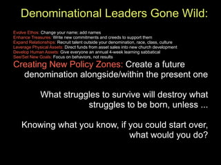 Denominational Leaders Gone Wild:
Evolve Ethos: Change your name; add names
Enhance Treasures: Write new commitments and creeds to support them
Expand Relationships: Recruit talent outside your denomination, race, class, culture
Leverage Physical Assets: Direct funds from asset sales into new church development
Develop Human Assets: Give everyone an annual 4-week learning sabbatical
See/Set New Goals: Focus on behaviors, not results

Creating New Policy Zones: Create a future
  denomination alongside/within the present one

             What struggles to survive will destroy what
                        struggles to be born, unless ...

    Knowing what you know, if you could start over,
                              what would you do?
 