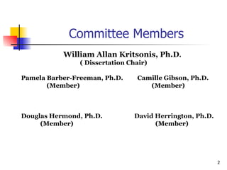 Committee Members William Allan Kritsonis, Ph.D . ( Dissertation Chair) Pamela Barber-Freeman, Ph.D.  Camille Gibson, Ph.D. (Member)   (Member) Douglas Hermond, Ph.D.  David Herrington, Ph.D. (Member)   (Member)     