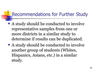 Recommendations for Further Study A study should be conducted to involve representative samples from one or more districts in a similar study to determine if results can be duplicated. A study should be conducted to involve another group of students (Whites, Hispanics, Asians, etc.) in a similar study. 
