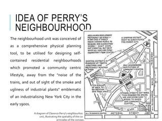 IDEA OF PERRY’S
NEIGHBOURHOOD
The neighbourhood unit was conceived of
as a comprehensive physical planning
tool, to be uti...