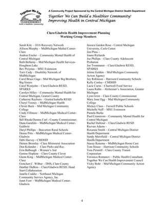 A Community Project Sponsored by the Central Michigan District Health Department
Together We Can Build a Healthier Community!
Improving Health in Central Michigan
4
Sarah Kile – 1016 Recovery Network
Allison.Murphy – MidMichigan Medial Center-
Clare
Andrea Eiseler – Community Mental Health of
Central Michigan
Beth Bellamy – Mid Michigan Health Services-
Houghton Lake
Bev Przystas – MSU Extension
Terri Cady – Disability Network of
MidMichigan
Carol Bruce Gage - Mid Michigan Big Brothers,
Big Sisters
Carol Westjohn – Clare/Gladwin RESD,
SPARKS
Carolyn Hilley – Community Mental Health for
Central Michigan, Gratiot County
Catherine Rayburn – Gratiot/Isabella RESD
Cheryl Yesney – MidMichigan Health
Christi Beck – Mid Michigan Community
College
Cindy Fillmore – MidMichigan Medical Center-
Clare
Bill Rhode/Dennis Carl - County Commissioner;
Dana.Garafalo – MidMichigan Medical Center-
Galdwin
Daryl Phillips – Beaverton Rural Schools
Deana Pitts – MidMichigan Medical Center-
Gladwin
Debi Harvey - CMDHD
Dennis Bromley –Clare Ministeral Association
Don Kolander - Clare Parks and Rec.
Erin Balbough - Women’s Aid
Genine Hopkins – Clare County Clever
Glenn King – MidMichigan Medical Center-
Clare
Gretchen C. Wilbur – DHS, Clare County
Heather DuBois – Clare/Gladwin RESD, Head
Start Collaboration
Janelle Cuddie – Northeast Michigan
Community Service Agency, Inc.
Janet Foor – MidMichigan Medical Center-
Gladwin
Jessica Gardon Rose - Central Michigan
University, Carls Center
Jim Pless -
Joann Richards
Joe Phillips – Clare County Adolescent
Probation
Joe Trommater – Clare/Gladwin RESD,
SPARKS
Jolene Golden – Mid Michigan Community
Action Agency
Joy Robinson – Harrison Community Schools
Kelly Conley - CMDHD
Lacie Curns – Chartwell Food Service
Laura Ruhle – Alzheimer’s Association, Greater
Michigan
Lynn Grim – Clare County Commissioner
Mary Jane Ogg – Mid Michigan Community
College
Mickey Claus – Farwell Public Schools
Michelle Neff – MSU Extension
Pamela Burke
Paul Cronstrom – Community Mental Health for
Central Michigan
Rachel Haltiner – Clare/Gladwin RESD
Razvan Adams -
Roxanne Smith – Central Michigan District
Health Department
Sandy Merrifield – Central Michigan District
Health Department
Stacey Reaume – MidMichigan Home Care
Tom House – Harrison Community Schools
Tom Pirnstill – Clare County Transit
Corporation
Veronica Romanov – Public Health Consultant,
Together We Can Health Improvement Council
Vicky Bohr – Mid Michigan Community Action
Agency
Clare/Gladwin Health Improvement Planning
Working Group Members
 
