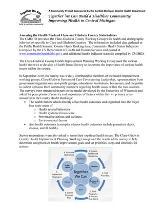 A Community Project Sponsored by the Central Michigan District Health Department
Together We Can Build a Healthier Community!
Improving Health in Central Michigan
5
Assessing the Health Needs of Clare and Gladwin County Stakeholders
The CMDHD provided the Clare-Gladwin County Working Group with health and demographic
information specific to Clare and Gladwin Counties. The information included data gathered at
the Public Health Summit, County Heath Ranking data, Community Health Status Indicators
(compiled by the US Department of Health and Human Services and posted at
www.communityhealth.hhs.gov), and additional health indicator statistics compiled by CMDHD.
The Clare-Gladwin County Health Improvement Planning Working Group used the various
health statistics to develop a Health Issues Survey to determine the importance of various health
issues within the county.
In September 2010, the survey was widely distributed to members of the health improvement
working groups, Clare/Gladwin Systems of Care Co-occurring Leadership, representatives from
government organizations, non-profit groups, educational institutions, businesses, and the public
to collect opinions from community members regarding health issues within the two counties.
The surveys were structured in part on the model developed by the University of Wisconsin and
asked for perceptions of severity and importance of factors within the two primary areas
measured in the County Health Rankings:
 The health factors which directly affect health outcomes and organized into the major
four topic areas of:
o Health related behaviors
o Health systems/clinical care
o Preventative actions and wellness
o Environmental factors
 And health outcomes (examples of poor health outcomes include premature death,
disease, and ill health).
Survey respondents were also asked to name their top three health issues. The Clare-Gladwin
County Health Improvement Planning Working Group used the results of the survey to help
determine and prioritize health improvement goals and set priorities, steps and timelines for
actions.
 