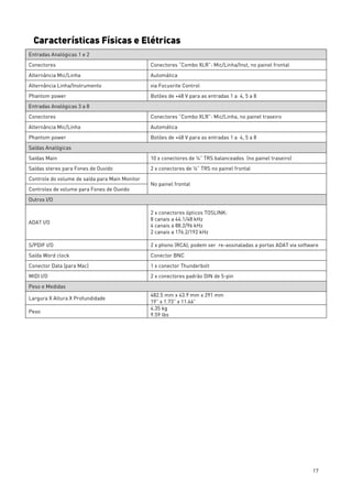 17
Características Físicas e Elétricas
Entradas Analógicas 1 e 2
Conectores Conectores “Combo XLR”: Mic/Linha/Inst, no painel frontal
Alternância Mic/Linha Automática
Alternância Linha/Instrumento via Focusrite Control
Phantom power Botões de +48 V para as entradas 1 a 4, 5 a 8
Entradas Analógicas 3 a 8
Conectores Conectores “Combo XLR”: Mic/Linha, no painel traseiro
Alternância Mic/Linha Automática
Phantom power Botões de +48 V para as entradas 1 a 4, 5 a 8
Saídas Analógicas
Saídas Main 10 x conectores de ¼” TRS balanceados (no painel traseiro)
Saídas stereo para Fones de Ouvido 2 x conectores de ¼” TRS no painel frontal
Controle do volume de saída para Main Monitor
No painel frontal
Controles de volume para Fones de Ouvido
Outros I/O
ADAT I/O
2 x conectores ópticos TOSLINK:
8 canais a 44.1/48 kHz
4 canais a 88.2/96 kHz
2 canais a 176.2/192 kHz
S/PDIF I/O 2 x phono (RCA); podem ser re-assinaladas a portas ADAT via software
Saída Word clock Conector BNC
Conector Data (para Mac) 1 x conector Thunderbolt
MIDI I/O 2 x conectores padrão DIN de 5-pin
Peso e Medidas
Largura X Altura X Profundidade
482.5 mm x 43.9 mm x 291 mm
19” x 1.73” x 11.46”
Peso
4.35 kg
9.59 lbs
 