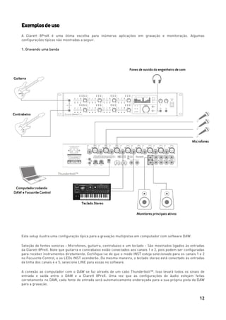 12
Exemplosdeuso
A Clarett 8PreX é uma ótima escolha para inúmeras aplicações em gravação e monitoração. Algumas
configurações típicas não mostradas a seguir.
1. Gravando uma banda
Este setup ilustra uma configuração típica para a gravação multipistas em computador com software DAW.
Seleção de fontes sonoras - Microfones, guitarra, contrabaixo e um teclado - São mostrados ligados às entradas
da Clarett 8PreX. Note que guitarra e contrabaixo estão conectados aos canais 1 e 2, pois podem ser configuradas
para receber instrumentos diretamente. Certifique-se de que o modo INST esteja selecionado para os canais 1 e 2
no Focusrite Control, e os LEDs INST acenderão. Da mesma maneira, o teclado stereo está conectado às entradas
de linha dos canais 4 e 5; selecione LINE para essas no software.
A conexão ao computador com o DAW se faz através de um cabo Thunderbolt™. Isso levará todos os sinais de
entrada e saída entre o DAW e a Clarett 8PreX. Uma vez que as configurações de áudio estejam feitas
corretamente no DAW, cada fonte de entrada será automaticamente endereçada para a sua própria pista da DAW
para a gravação.
 