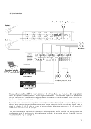 13
2. Projeto em Estúdio
Uma as vantagens da Clarett 8PreX é o grande número de entradas físicas que ela oferece. Em um projeto em
estúdio, elas podem ser (mais ou menos) atribuídas permanentemente a fontes sonoras específicas, minimizando,
assim, a quantidade de readaptações necessárias quando se muda de um instrumento para outro, conforme você
levanta várias pistas na formação de uma música.
No exemplo acima, assumimos que a guitarra e o contrabaixo continuarão conectados aos canais 1 e 2 pelas suas
entradas INST, enquanto vários instrumentos eletrônicos podem ser conectados às entradas de Linha de todos os
canais. As entradas de MIC de todos os canais seriam conectadas, tipicamente, a conectores de entrada de mics
em diferentes locais no espaço de gravação.
Caso mais instrumentos precisem ser conectados permanentemente dessa maneira, um patchbay pode ser
introduzido ao setup de equipamentos; alternativamente, o número de entradas pode ser expandido com uma
unidade de OctoPre (veja no Exemplo 3).
 